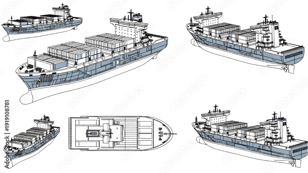 Αυτοκόλλητο Detailed vehicle autocad blueprint of cargo ships viewed from multiple angles on