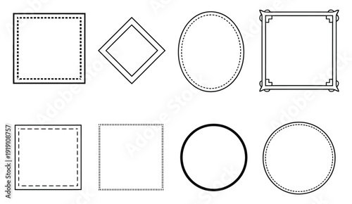 Assorted stitched borders and frames with geometric shapes for textile labels and branding elements, decorative embroidery inspired outline