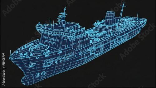 Detailed vehicle autocad blueprint of a naval ship displayed in a 3D isometric view