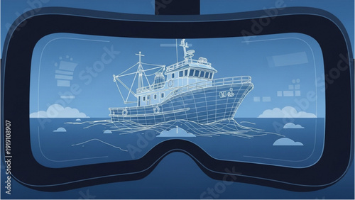 Detailed vehicle autocad blueprint of a ship viewed through virtual reality goggles on a digital landscape
