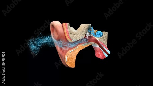 Human Ear Sound Transmission 3D Medical Animation Showing Hearing Process from Outer Ear to Cochlea and Auditory Nerve