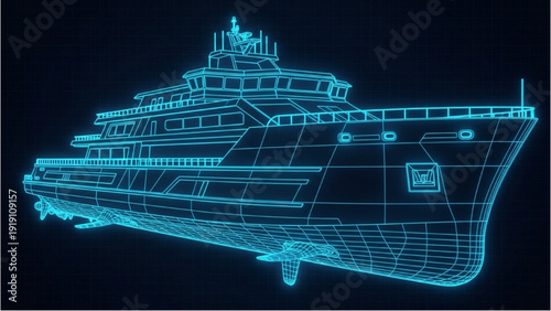 Detailed vehicle autocad blueprint of a large cruise ship viewed from the side in a dark environment