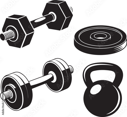 black and white illustration of various gym equipment for exercise and workout