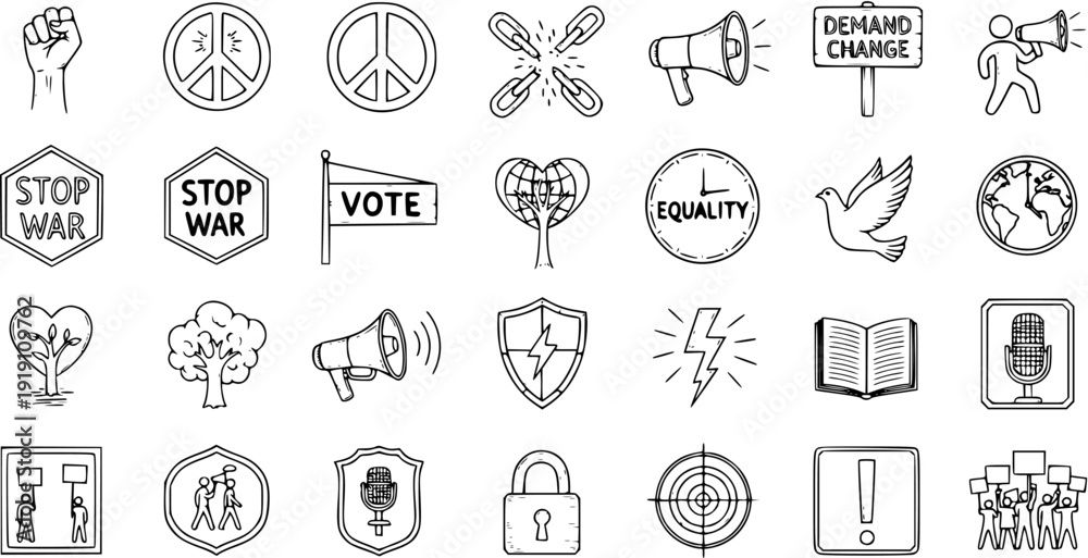Fototapeta premium Hand-Drawn Doodle Icons Set for Protest, Activism, Social Justice, Peace, and Human Rights. Black and White Outline Symbols of Equality, Change, and Advocacy.