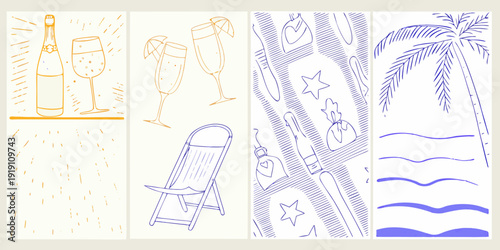 Summer vacation sketches champagne beach chair and tropical elements
