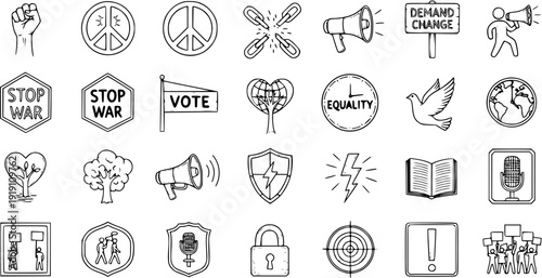 Hand-Drawn Doodle Icons Set for Protest, Activism, Social Justice, Peace, and Human Rights. Black and White Outline Symbols of Equality, Change, and Advocacy.