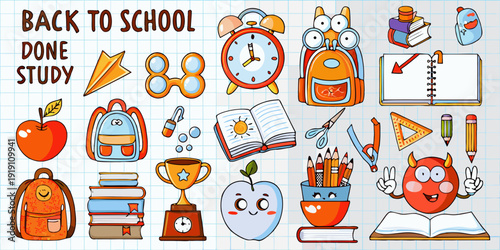 Colorful back to school supplies and cheerful cartoon characters illustration