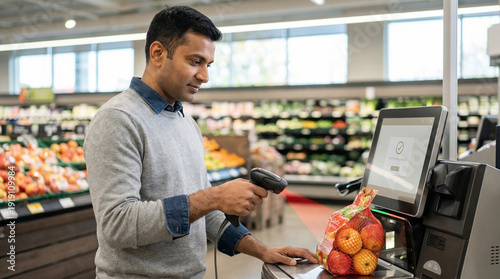 Man scanning groceries at self-checkout in supermarket  