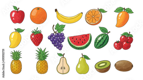 A Colorful Assortment of Fruit: A vibrant illustration showcasing a collection of fresh, juicy fruits, each bursting with natural colors and textures. From the classic apple to the exotic mango.