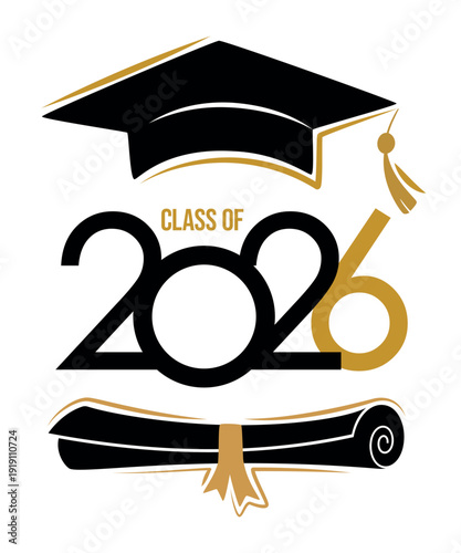 Class of 2026 Congrats greeting sign with academic cap and diploma. Congrats Graduated. Congratulating banner. Isolated vector text for graduation design, card, poster