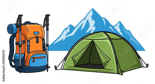 Camping gear with backpack and tent in front of snowy mountain peaks for outdoor adventure travel
