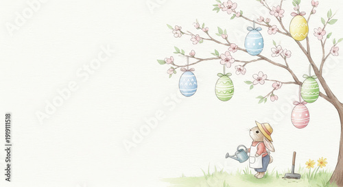 Easter celebration with cute bunny watering blossoms under colorful eggs hanging on a tree. Easter theme includes charming decorations and a joyful atmosphere for festive gatherings.