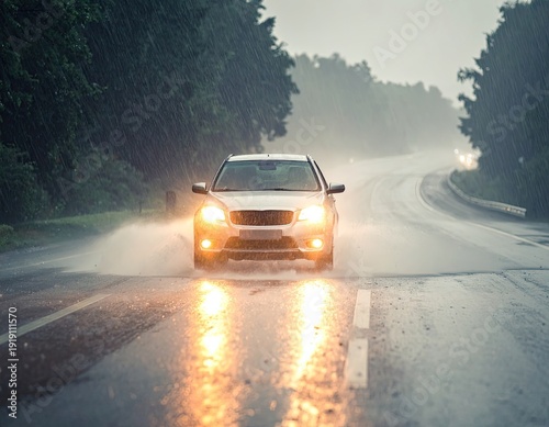 Car driving through heavy rain and splashing water on a wet road.