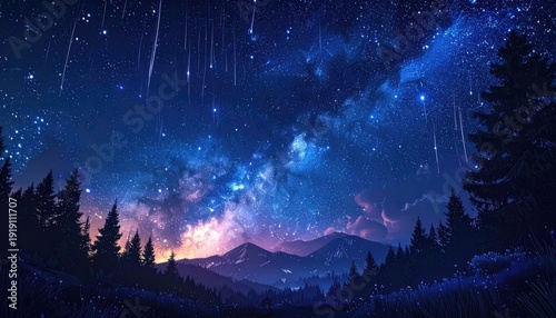 Vibrant night sky filled with a meteor shower over silhouetted mountains and pine trees.