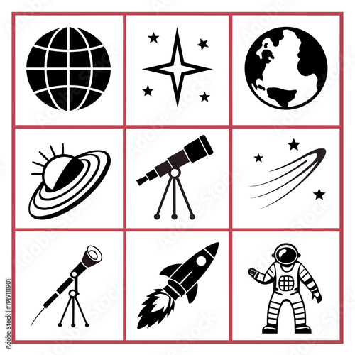A collection of space related icons and symbols Vector