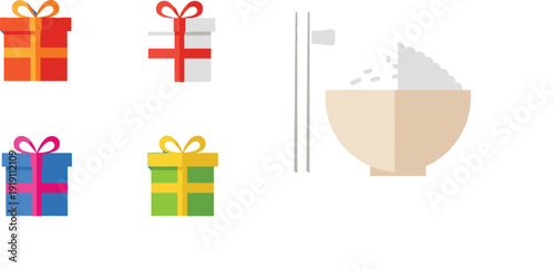 Professional vector illustration set featuring colorful gift boxes with ribbons and a traditional Asian rice bowl with chopsticks for celebration and culinary branding