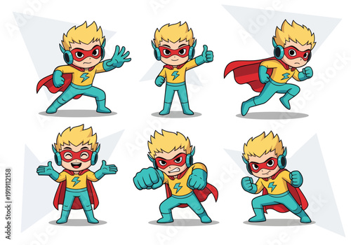 Set of cute boy superhero characters in various action poses. Flat vector illustration of a brave little hero wearing a yellow suit, red cape, and mask. Energetic kid power concept.