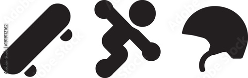 Skateboarding icons set with skateboard deck skater doing trick and safety protective helmet