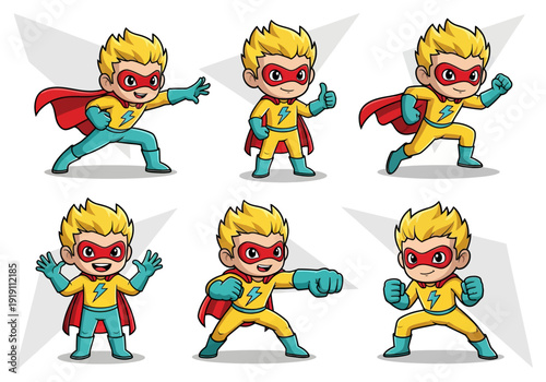 Set of cute boy superhero characters in various action poses. Flat vector illustration of a brave little hero wearing a yellow suit, red cape, and mask. Energetic kid power concept.