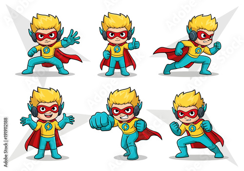 Set of cute boy superhero characters in various action poses. Flat vector illustration of a brave little hero wearing a yellow suit, red cape, and mask. Energetic kid power concept.