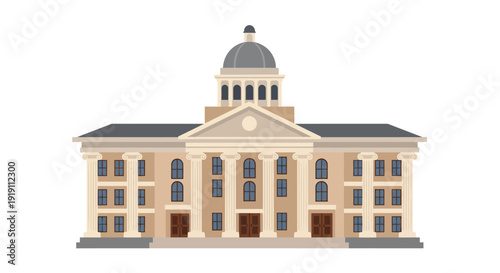 Illustrated architectural building with classical columns and dome against white