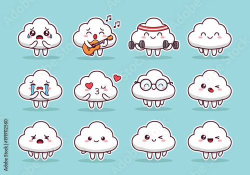Set of cute cloud mascots with various emotions. Flat vector illustration of funny white clouds playing guitar, lifting weights, crying, and smiling. Kawaii characters on blue background.