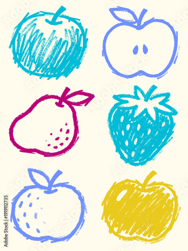 Photos Colorful hand-drawn vector illustration of various fruits like apples, a pear, a