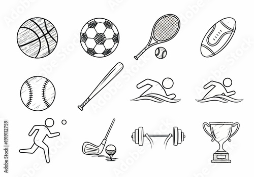 Collection of Hand-Drawn Sports Equipment and Icons Representing Various Athletic Activities and Achievements