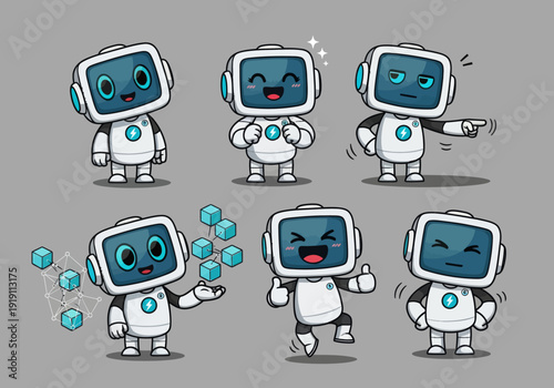 Set of cute futuristic AI robot mascots with various screen expressions. Flat vector illustration of friendly android characters for technology, chatbot, and digital assistant concepts.