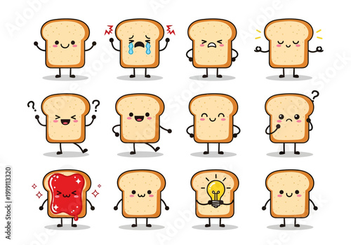 Set of cute bread slice mascots with various emotions. Flat vector illustration of funny toast characters including happy, sad, angry, and jam toppings isolated on white background.