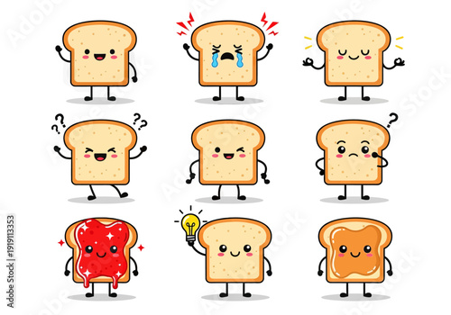 Set of cute bread slice mascots with various emotions. Flat vector illustration of funny toast characters including happy, sad, angry, and jam toppings isolated on white background.