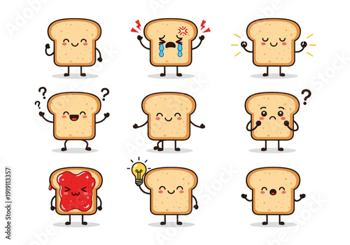 Set of cute bread slice mascots with various emotions. Flat vector illustration of funny toast characters including happy, sad, angry, and jam toppings isolated on white background.