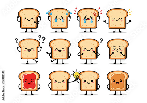Set of cute bread slice mascots with various emotions. Flat vector illustration of funny toast characters including happy, sad, angry, and jam toppings isolated on white background.
