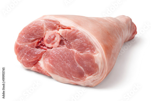 Raw pork knuckle isolated on light background, fresh uncooked ham shank cut of meat for roasting, traditional cuisine ingredient with natural texture and rich color