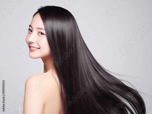 グレー背景で振り返るロングヘアの美しい女性のポートレート