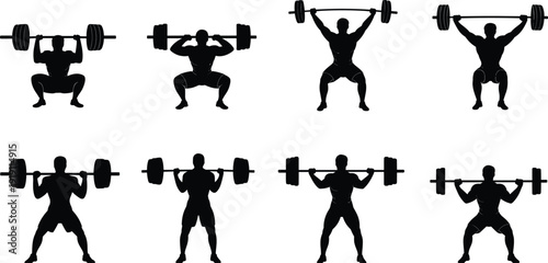 Weightlifting silhouettes with barbells, strength training, squats, overhead lifts, fitness workout, gym exercise illustration