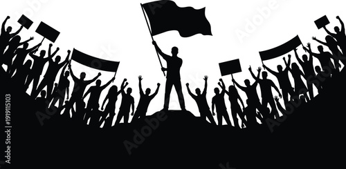Protest crowd silhouette with raised fists and flags, political demonstration rally revolution concept vector illustration