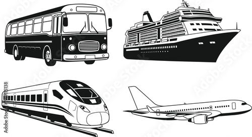 Public transportation set, bus cruise ship high speed train airplane isolated on white background vector illustration