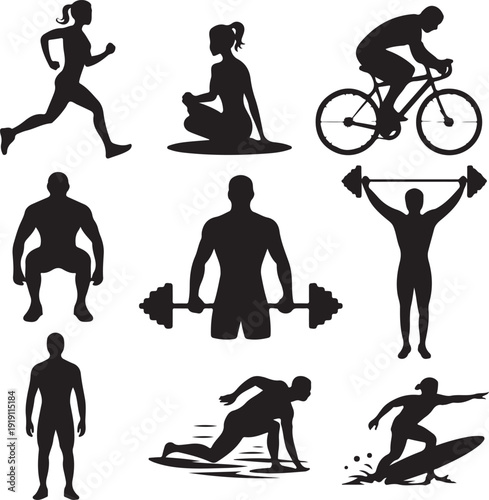 Black silhouettes of people exercising and playing sports