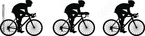 Large set of diverse professional cyclist silhouettes in aerodynamic riding positions on road bikes isolated on white background for sports and competitive racing design.