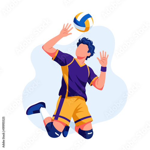 Dynamic flat vector illustration of a volleyball player jumping to spike the ball. Energetic male athlete in purple and yellow uniform performing an attack during a match.