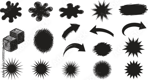 A collection of 16 black ink splatter and smear graphics on a white background for creative design projects and artistic applications