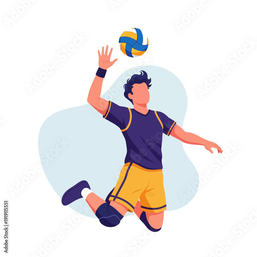 Dynamic flat vector illustration of a volleyball player jumping to spike the ball. Energetic male athlete in purple and yellow uniform performing an attack during a match.