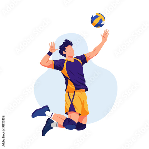 Dynamic flat vector illustration of a volleyball player jumping to spike the ball. Energetic male athlete in purple and yellow uniform performing an attack during a match.