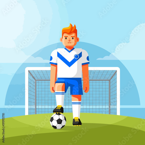 Professional soccer player standing with foot on football in front of goal net. Flat vector illustration of football athlete on the field. Sport competition and training concept.