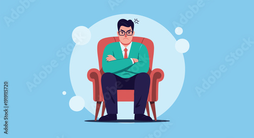 Grumpy man in a green sweater and tie sitting in a red armchair with crossed arms and an angry facial expression.