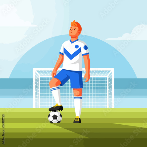 Professional soccer player standing with foot on football in front of goal net. Flat vector illustration of football athlete on the field. Sport competition and training concept.