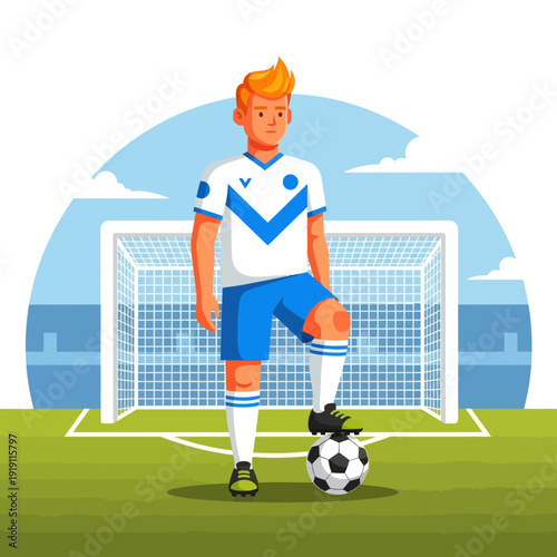 Professional soccer player standing with foot on football in front of goal net. Flat vector illustration of football athlete on the field. Sport competition and training concept.