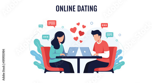 Man and woman sitting at a table with laptops engaged in an online dating experience with floating red heart shapes.
