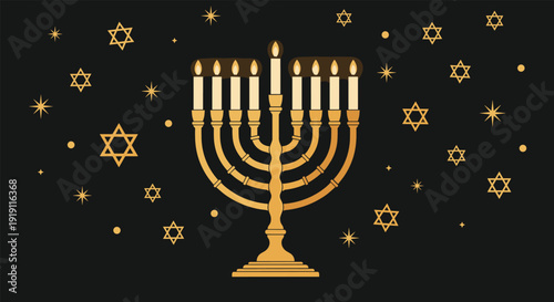 Traditional golden Hanukkah menorah with lit candles set against a dark night sky filled with stars and David's symbols.